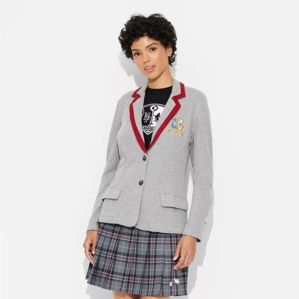 NWT Beetlejuice Northanger Prep. School Astrid Graphic Blazer Gray Womens XS